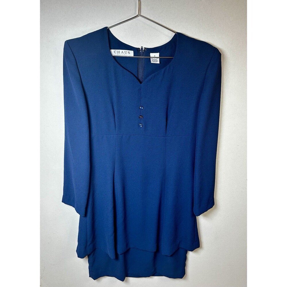 VTG Chaus Tiered Dress 6 WMNS Navy Blue Work Office Corporate Professional Rare